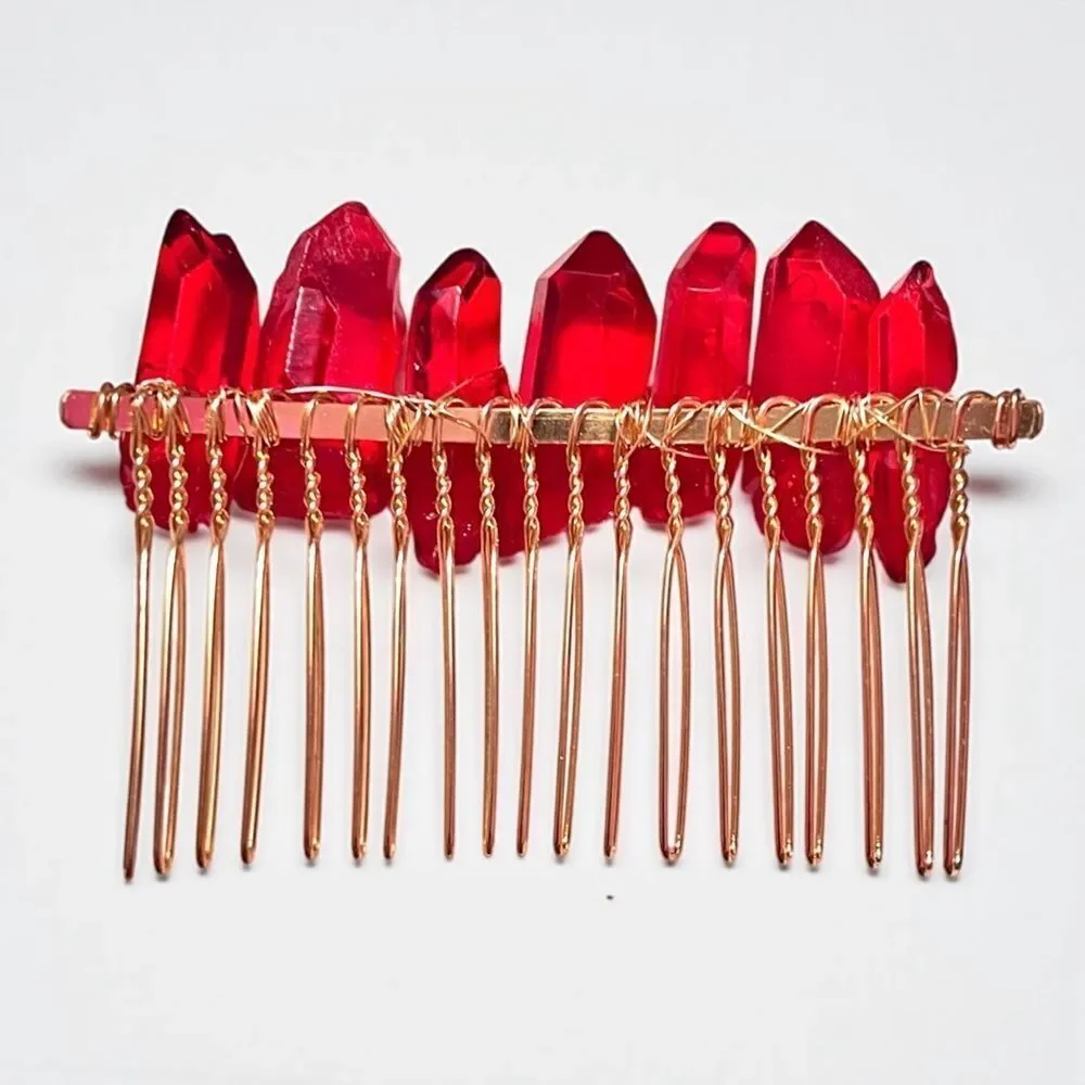 Handmade Genuine Red Crystal Hair Comb